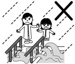 絵：橋に近づく子供を制止している人のイメージ