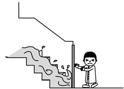 絵：水圧でドアが開かなくなり地下に閉じ込められている人