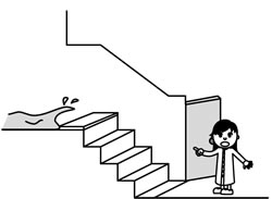 絵：まだ地下まで水が流れ込んでいない間に地上に上がろうとしている人