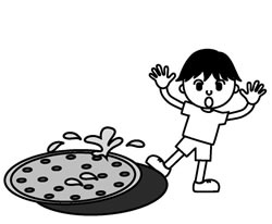 絵：ふたがはずれたマンホールに落ちそうになっている人