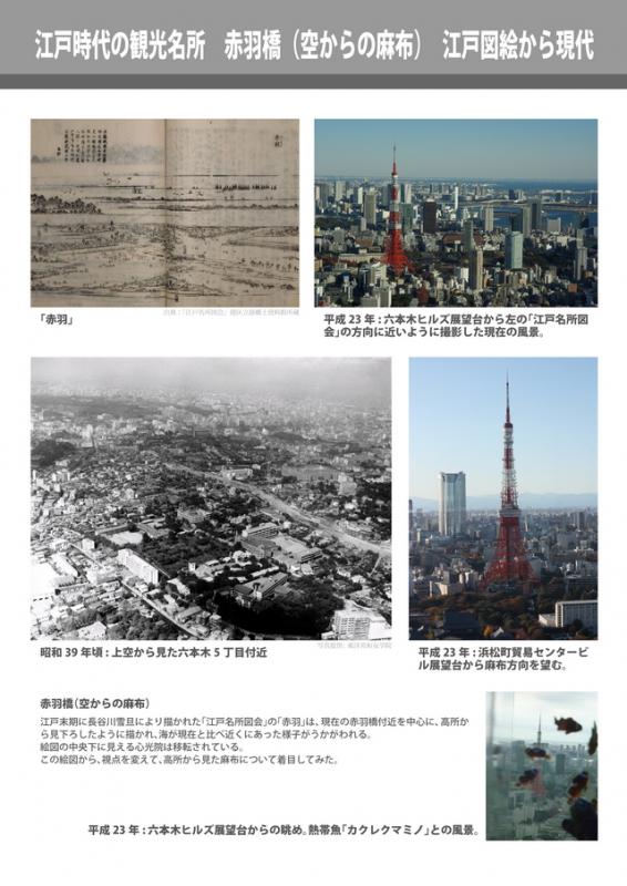 江戸時代の観光名所　赤羽橋(空からの麻布）　江戸図絵から現代