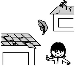 絵：外から家の屋根瓦やアンテナなどをチェックしている人