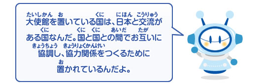 大使館を置いている国は、日本と交流がある国なんだ。国と国との間でお互いに協調し、協力関係をつくるために置かれているんだよ。