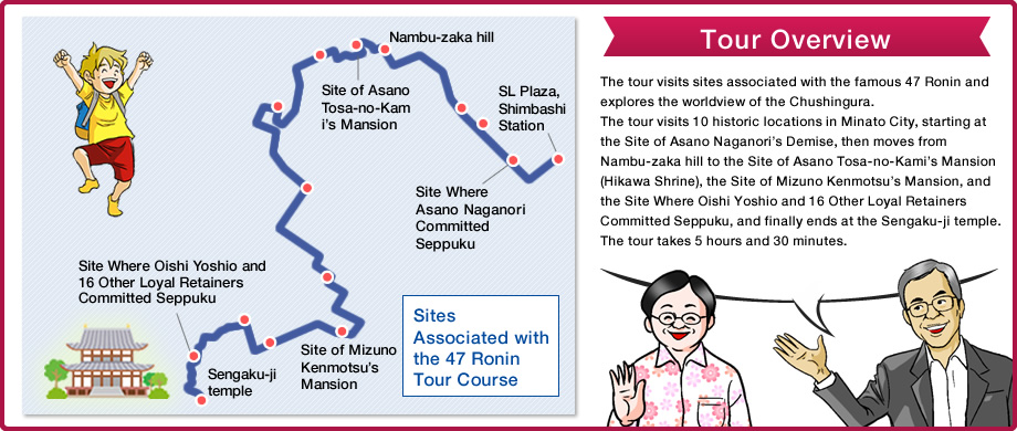 The tour visits sites associated with the famous 47 Ronin and explores the worldview of the Chushingura.The tour visits 10 historic locations in Minato City, starting at the Site of Asano Naganori’s Demise, then moves from Nambu-zaka hill to the Site of Asano Tosa-no-Kami’s Mansion (Hikawa Shrine), the Site of Mizuno Kenmotsu’s Mansion, and the Site Where Oishi Yoshio and 16 Other Loyal Retainers Committed Seppuku, and finally ends at the Sengaku-ji temple.The tour takes 5 hours and 30 minutes.
